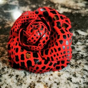 Vintage Red and Black Snakeskin Pattern Fabric Flower Brooch